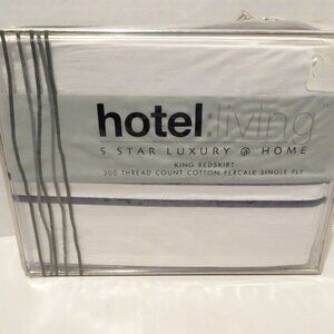 Hotel Living King Bedskirt 300 Thread Count NEW Embroidered Blue White LinensnTh